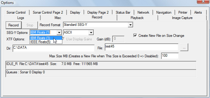 Options when recording data in SEGY format